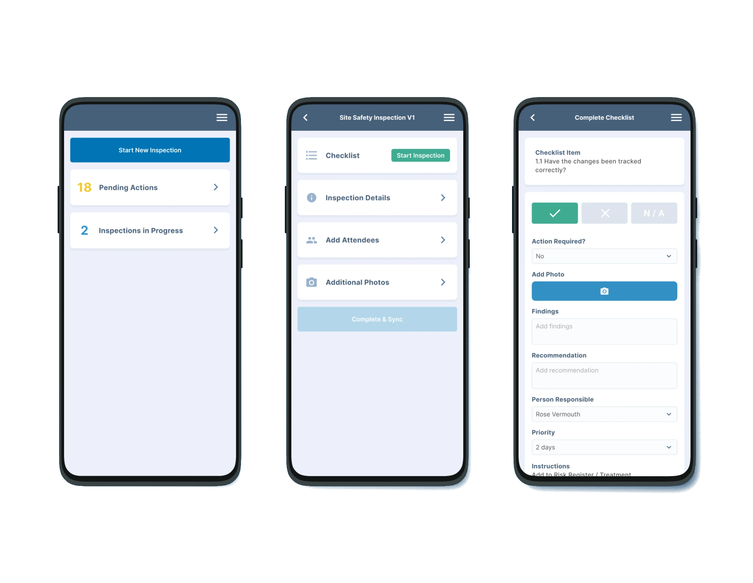 Three mobile screens showing safety inspection workflow from overview to checklist
